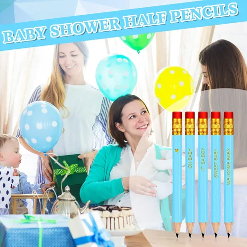 Vista 3 de Crtiin 50 lápices de baby shower para actividades, mini golf, medio lápices, preafilados con borradores, 4 pulgadas (azul, estilo niño)