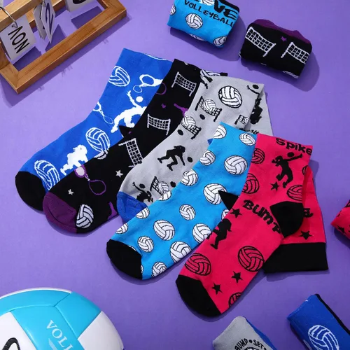 Vista 7 de 5 pares de calcetines novedosos de voleibol, fútbol, sóftbol para mujeres y hombres, divertidos calcetines deportivos de serie alta, regalos