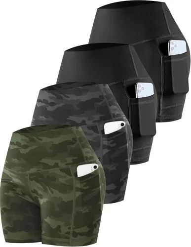 Vista 13 de CHRLEISURE - Pantalones cortos de ciclismo para mujer con bolsillos de licra, cintura alta, con control de abdomen para entrenamiento, yoga