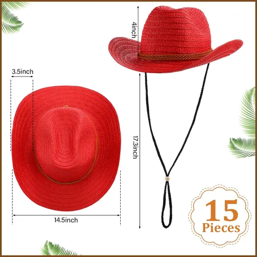Vista 2 de Suhine 15 sombreros de vaquero de paja para hombres y mujeres, coloridos sombreros de fiesta occidental a granel, protección solar a granel, vaquera