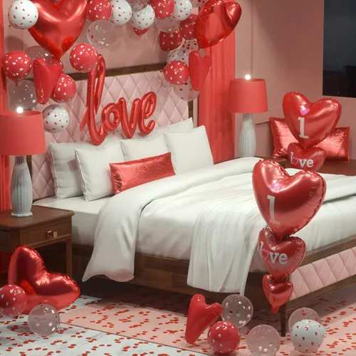 Vista 7 de Kit de globos para el día de San Valentín, globos con texto en inglés "I Love You", globos de corazón blanco y rojo, pétalos de rosa para el día