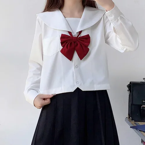 Vista 2 de RESSE Falda plisada japonesa, uniforme escolar, uniforme de marinero JK, uniforme de niñas, disfraz de anime de manga larga