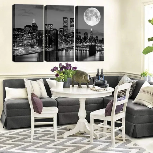 Vista 4 de Biuteawal Arte de pared de horizonte de Nueva York, puente de Brooklyn, luna y vista nocturna, lienzo impreso en lienzo de ciudad en blanco y negro