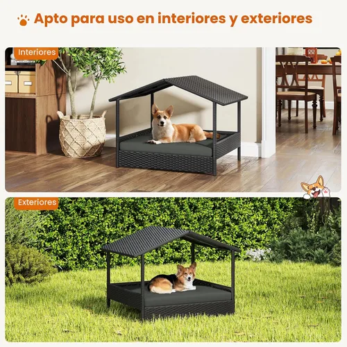 Vista 5 de Yaheetech - Casa de mimbre para perros con toldo, color negro y gris Cama elevada para perros con cojín para perros pequeños/medianos, sombra