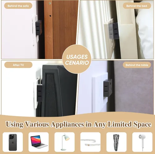 Vista 4 de Adaptador extensor de salida de pared de 3 vías plano - Paquete de 2 Adaptador de enchufe plano giratorio de 180 grados AC, extensor de salida