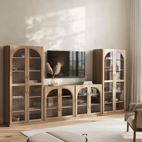 Vista 14 de BELLEZE Centro de entretenimiento modular de 4 piezas con almacenamiento, 2 vitrinas de madera moderna con gabinete arqueado y 2 armarios de puerta
