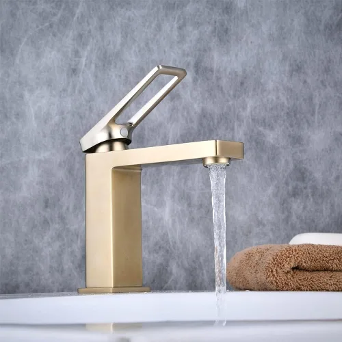 Vista 3 de Grifo de baño de latón de un solo orificio con tapón de drenaje para fregadero emergente, grifo de lavabo de tocador de una sola manija