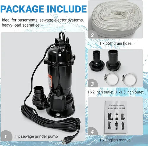 Vista 3 de Bomba sumergible de amoladora de aguas residuales de 2 HP de 110 V, con aspas, bomba de efluente de hierro fundido con interruptor de flotador