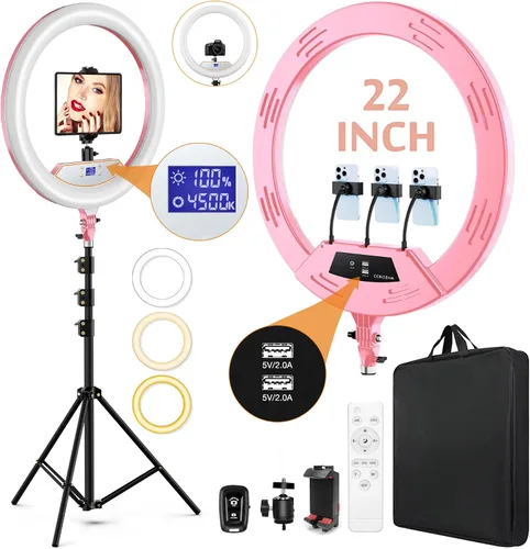 Vista 10 de Anillo de luz de 22 pulgadas con soporte, trípode de luz de anillo para iPhone iPad, con trípode de 75 pulgadas, pantalla LCD, 4 clips para iPad, 2