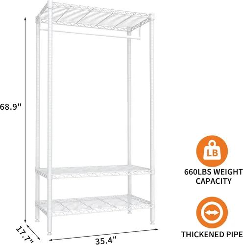 Vista 2 de Perchero de ropa resistente, perchero portátil de metal con estantes ajustables de 3 niveles, estantes de ropa independientes para colgar ropa