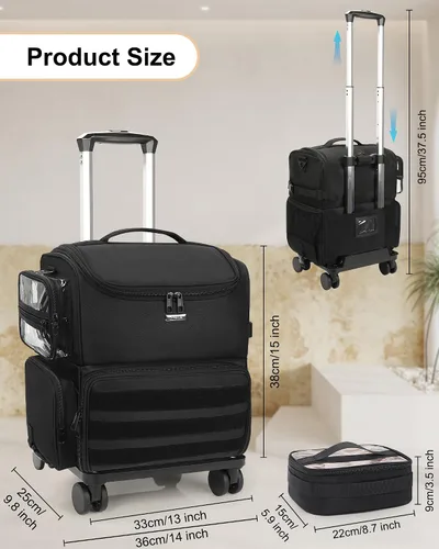 Vista 5 de Relavel Estuche de tren de maquillaje rodante, estuche de cosmetología sobre ruedas con 4 bolsas transparentes, bolsas profesionales para Negro