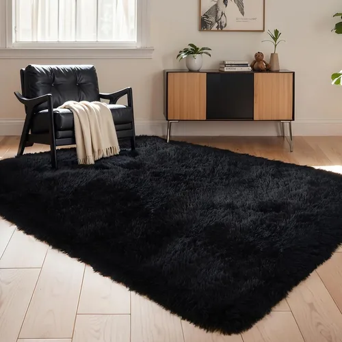 Vista 62 de KICHOWUA - Tapete grueso y esponjoso de 3 x 5 pies, color negro, ultrasuave, lavable, antideslizante, acogedor y peludo, para sala, dormitorio