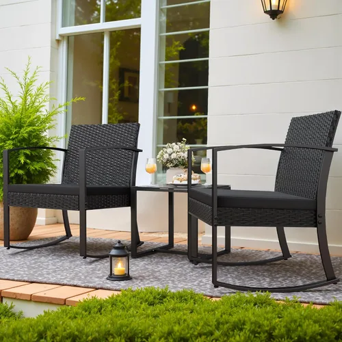 Vista 5 de Homall - Juego de muebles de patio de 3 piezas de resina para uso en exteriores - Juego de bistró con sillas de columpio acolchadas y mesa para Negro