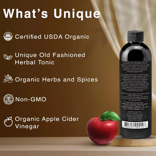 Vista 3 de Tonic Man Tónico orgánico de bienestar antiguo hecho con vinagre de sidra de manzana crudo, zumos de manzana y uva orgánicos kosher con 12 hierbas