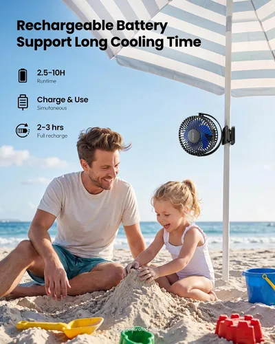 Vista 4 de Gaiatop Ventilador portátil con clip, funciona con pilas, pequeño y potente de 3 velocidades, silencioso de rotación de 360°, mini ventilador