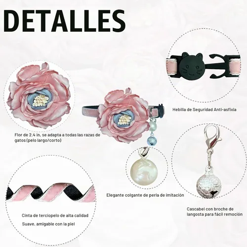 Vista 2 de Fupo Collar de gato - Breakaway ajustable con campana y flor (rosa)