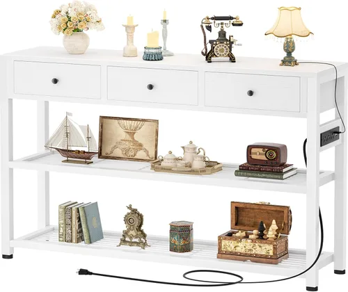 Vista 16 de Ecoprsio Mesa de Entrada con Tomacorrientes y Puertos USB, Mesa Consola con 2 Cajones, Mesa de Sofá Pequeña con Estantes de Almacenamiento para Sala