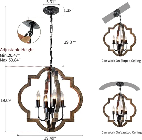 Vista 3 de Lámpara de araña de madera de granja de 19.49 pulgadas, lámpara rústica de comedor de 4 luces, lámpara de araña de altura ajustable, iluminación