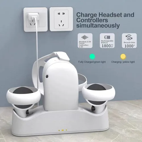 Vista 2 de Soporte de base de carga para Oculus Quest 2 con 2 baterías recargables cable de carga USB-C 4 cabezales de conector magnéticos 2 cubiertas