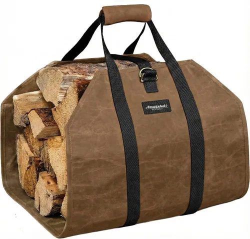 Vista 8 de Amagabeli - Bolsa de transporte de leña encerada, bolsa de transporte resistente para chimenea de leña grande con asas para camping, soporte
