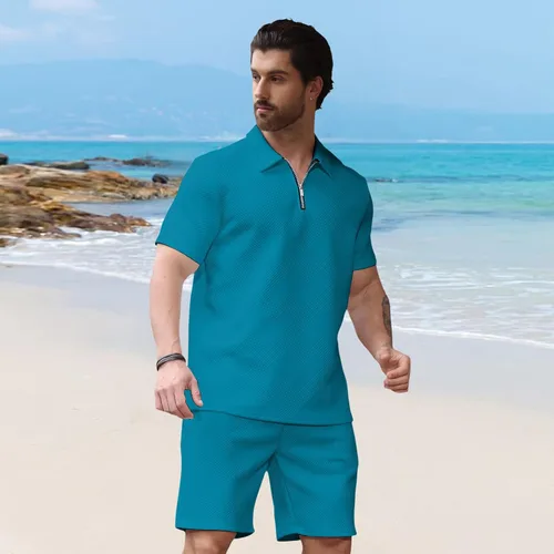 Vista 3 de Aulemen Conjunto deportivo de 2 piezas con cremallera para hombre, manga corta, camiseta polo y pantalones cortos, conjuntos de verano para hombre