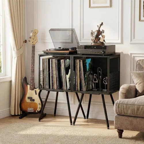 Vista 6 de Record Player Stand with Storage Holds 100+ Vinyl Records, Industrial Turntable Stand with Storage Shelf, LP Album Organizer Cabinet for Small Negro