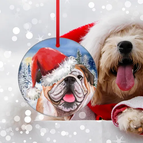 Vista 3 de Adorno de Bulldog Inglés para la Primera Navidad 2023, adorno para árbol de Navidad, decoración de árbol de Navidad de Papá Noel, adorno colgante