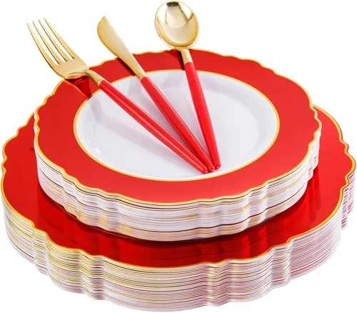 Vista 8 de WDF 30 Invitados - Platos de plástico negro y dorado, platos de Año Nuevo, cubiertos de plástico dorado con mango negro, vajilla desechable barroca