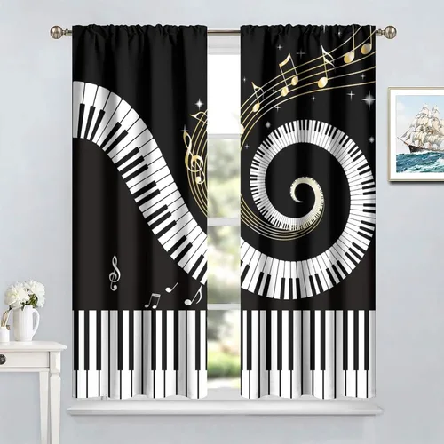 Vista 3 de Cortinas abstractas con notas musicales de piano, temática musical de piano, decoración de dormitorio de niños y niñas, arte rústico retro