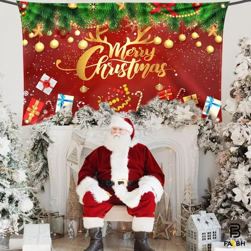Vista 7 de Cartel de Feliz Navidad extragrande de 6 x 4 pies, decoraciones de Navidad rojas y doradas, decoraciones de fiesta de Navidad, fondo de fotos