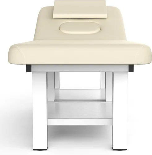 Vista 7 de Mesa de masaje estacionaria ancha y gris beige con respaldo para mesa de tratamiento, mesa de terapia física, cama facial de spa, marco de metal