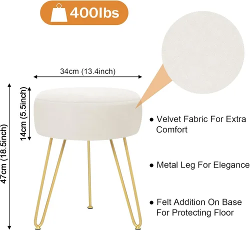 Vista 3 de Reposapiés de terciopelo suave y moderno, reposapiés redondo, otomano, con patas de metal dorado y relleno de esponja, reposapiés tapizado, sala