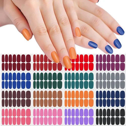 Vista 10 de 16 hojas de envolturas de uñas negras adhesivas en tiras de esmalte de uñas, tiras de gel autoadhesivas, calcomanías de esmalte de uñas sólidas