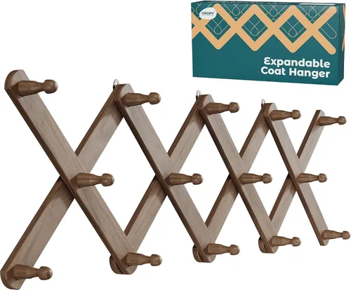 Vista 7 de OROPY Percha de pared de acordeón con 14 clavijas, perchero de madera nogal (Walnut Color)