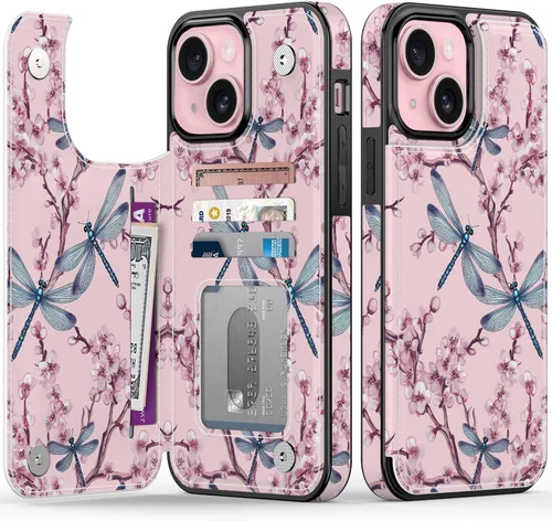 Vista 106 de FUNMIKO Funda tipo cartera para iPhone 15 con tarjetero + clip para efectivo, bloqueo RFID, protección contra caídas de grado militar y obras