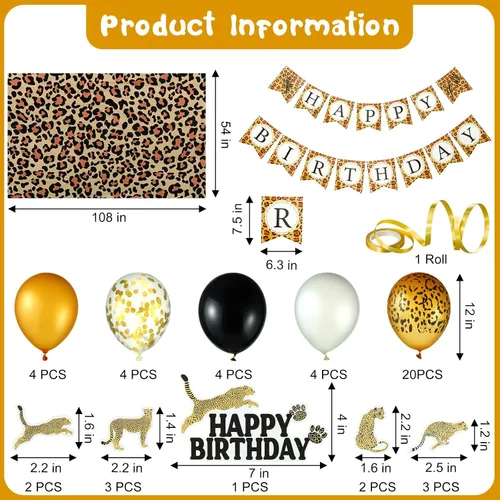 Vista 2 de Civaner 51 piezas de decoración de cumpleaños de guepardo dorado, incluyendo pancarta de cumpleaños de guepardo, globos, decoración de pastel
