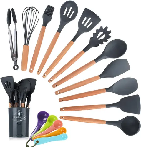 Vista 7 de Juego de 17 utensilios de silicona con mango de madera, resistente al calor, utensilios de cocina fáciles de limpiar, herramientas de cocina