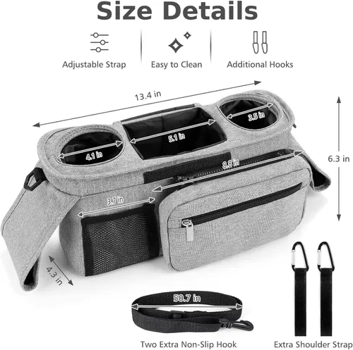 Vista 2 de Organizador universal para cochecito con portavasos aislado, bolsa desmontable para teléfono y correa de transporte, se adapta a Uppababy, Baby claro