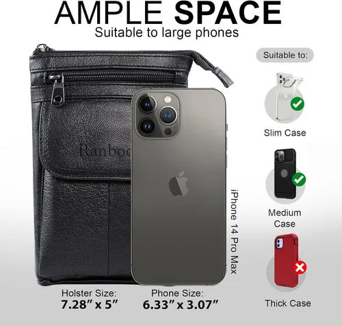 Vista 3 de Bolso cruzado de cuero pequeño para teléfono celular, bolso de cinturón Negro