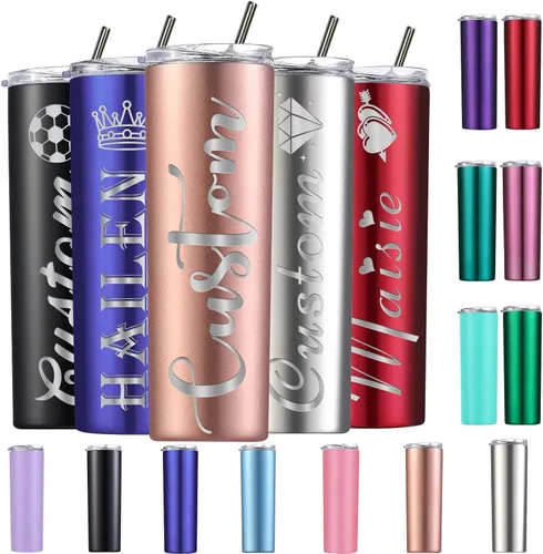 Vista 11 de Vasos delgados personalizados con tapas y popotes, vaso grabado con láser personalizado con nombre para mujer, regalo de 20 onzas, taza de acero