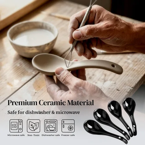Vista 7 de DOWAN Cucharas de sopa, cucharas de sopa asiáticas de cerámica, cuchara japonesa negra grande para Ramen Pho Wonton Dumpling Miso, diseño de gancho