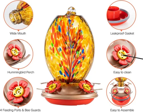 Vista 5 de Muse Garden Comedero de vidrio para colibríes para exteriores, comedero de colibríes de vidrio soplado de 27 onzas, regalo único para mamá, mujeres