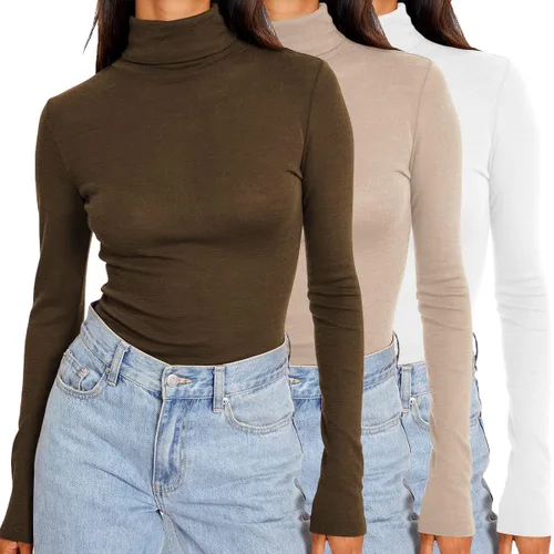 Vista 9 de SUNBS Camisetas de manga larga con cuello alto falso de 3 piezas para mujer Blackbeigecoffee3