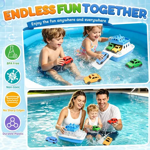Vista 5 de FUN LITTLE TOYS Barco de juguete para baño para niños pequeños con 4 juguetes de mini autos, juguetes de agua para niños, barco de ferry