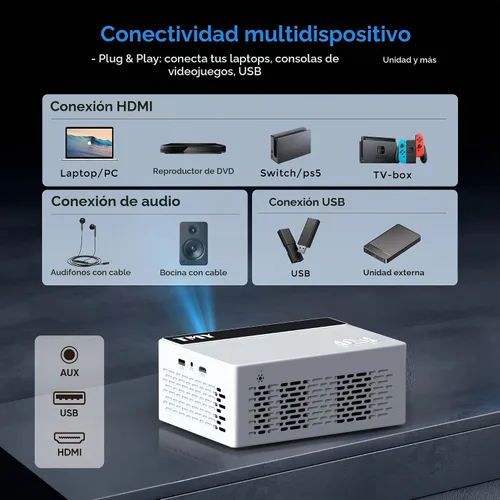 Vista 5 de TMY Mini proyector, proyector Bluetooth mejorado con pantalla, proyector portátil Full HD de 1080P, proyector de películas compatible con TV Stick