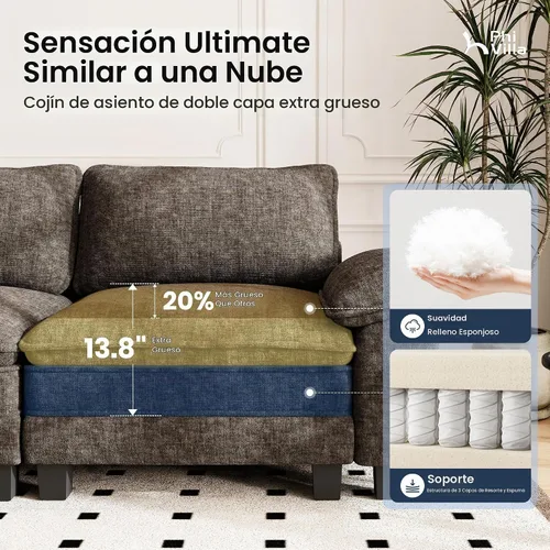 Vista 4 de PHI VILLA Conjuntos de sofás modulares Cloud, juego de sofá seccional de 2 piezas con sofá cama, sofá cómodo de 3 plazas para sala de estar y Ceniza