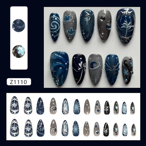Vista 2 de 24 piezas de uñas postizas de punta francesa a presión, uñas postizas medianas en forma de almendra con diseño de ondas azul oscuro, uñas postizas