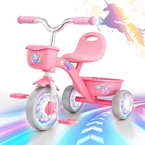 Vista 9 de Triciclo para niños pequeños de 1-3, 3-5 años, bicicleta de equilibrio de unicornio para bebés con ruedas de iluminación coloridas y canasta grande
