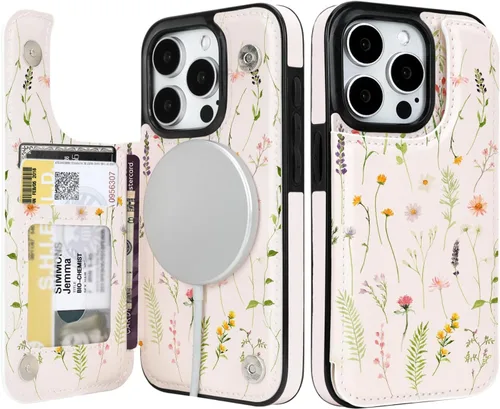 Vista 26 de uCOLOR - Funda tipo cartera para iPhone 15 con tarjetero y diseño de lunares con leche de almendra Bloqueo RFID de piel sintética para mujeres