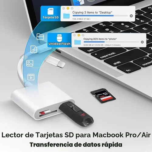 Vista 6 de Lector de tarjetas SD para iPhone iPad, adaptador de tarjeta SD de doble puerto Lightning USB-C integrado con SD MicroSD USB 3 ranuras para cámara